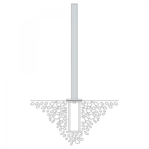 Schaubild: PARAT B-Endpfosten senkrecht im Boden installiert, Basis von Drainagekies umgeben für Stabilität und Entwässerung.