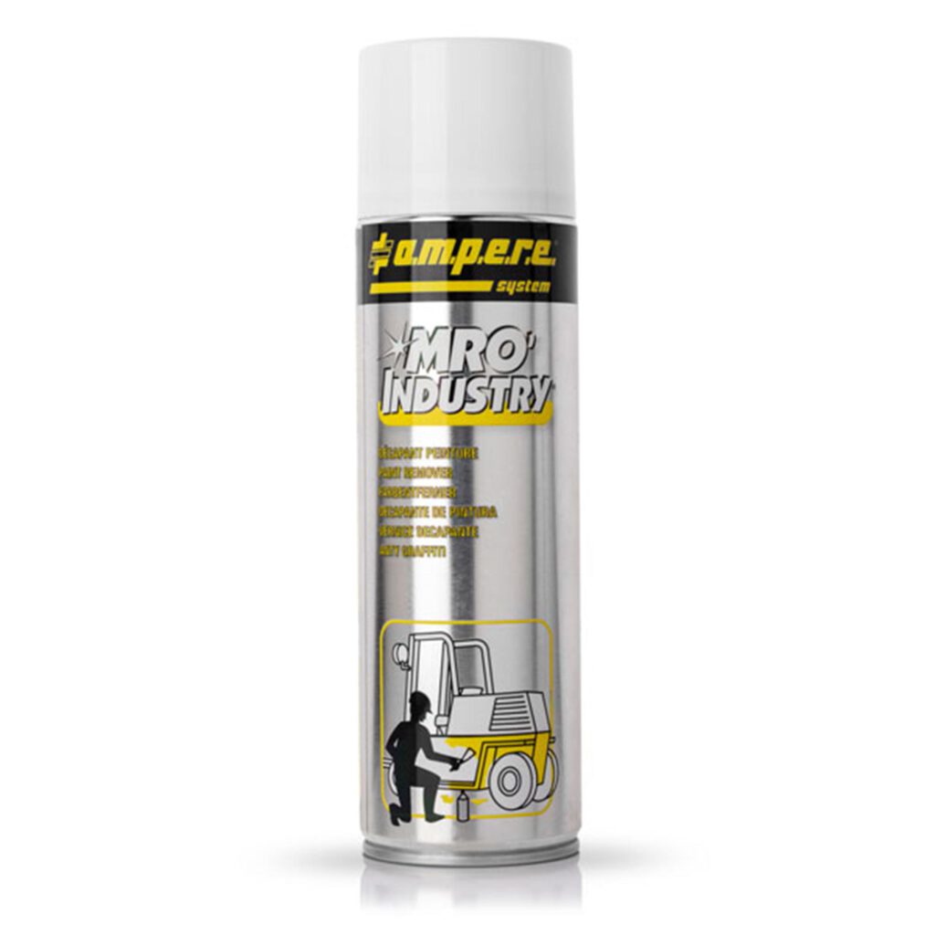 Silberne Spraydose "MRO Industry Farbentferner" von Ampere System mit Illustration: Person arbeitet an Gabelstapler.