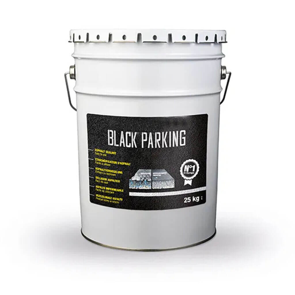 Weißer Metalleimer mit Henkel, Aufschrift "Asphaltversiegelung Traffic Black Parking", 25 kg, auf weißem Hintergrund.