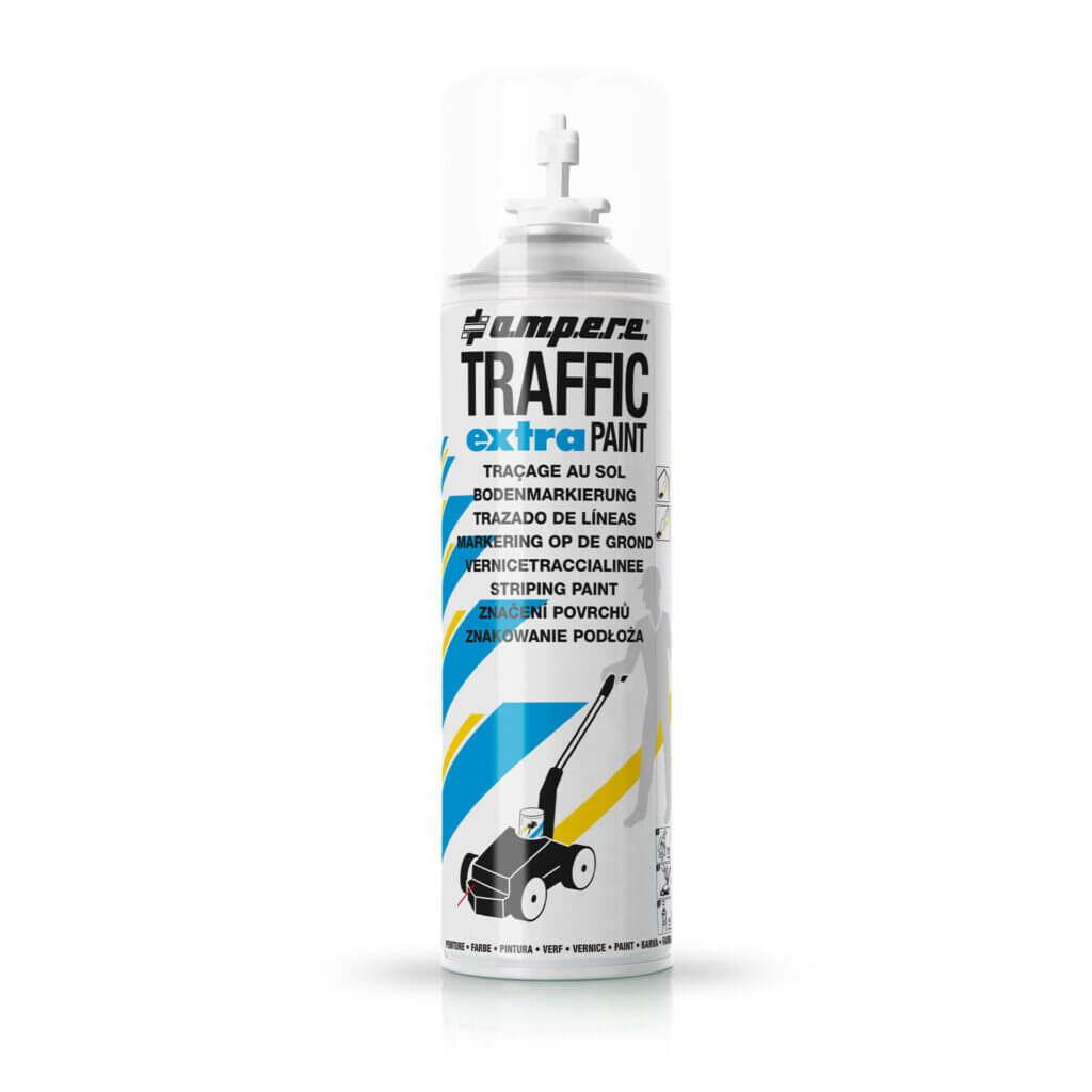 Spraydose Bodenmarkierfarbe Traffic Extra mit mehrsprachigem Etikett und Abbildung einer Linienmarkierungsmaschine vorne.