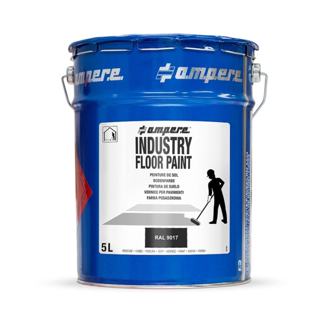 Blaue 5-Liter-Metallkanne, Aufschrift Industry Floor Paint, Symbol eines Bodenstreichers, Farbcode RAL 9017.