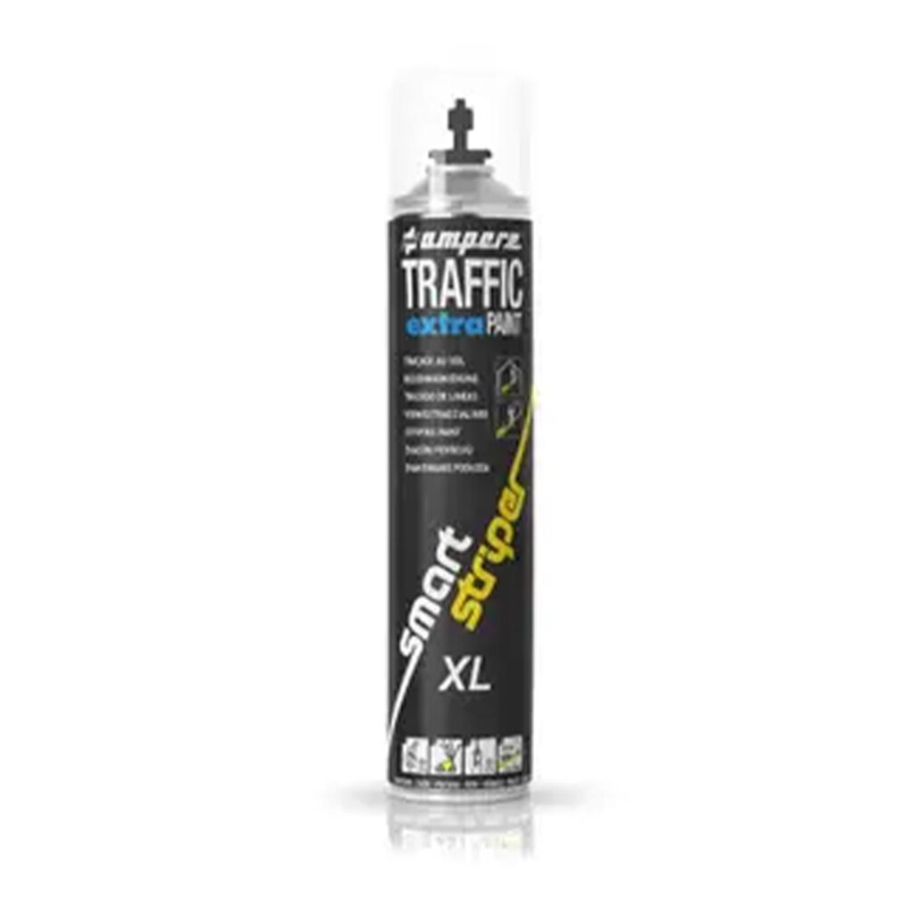 Spraydose Bodenmarkierfarbe Traffic extra Paint XL, schwarz-gelbe Etikettierung, Sprühkopf, Produktdetails lesbar.