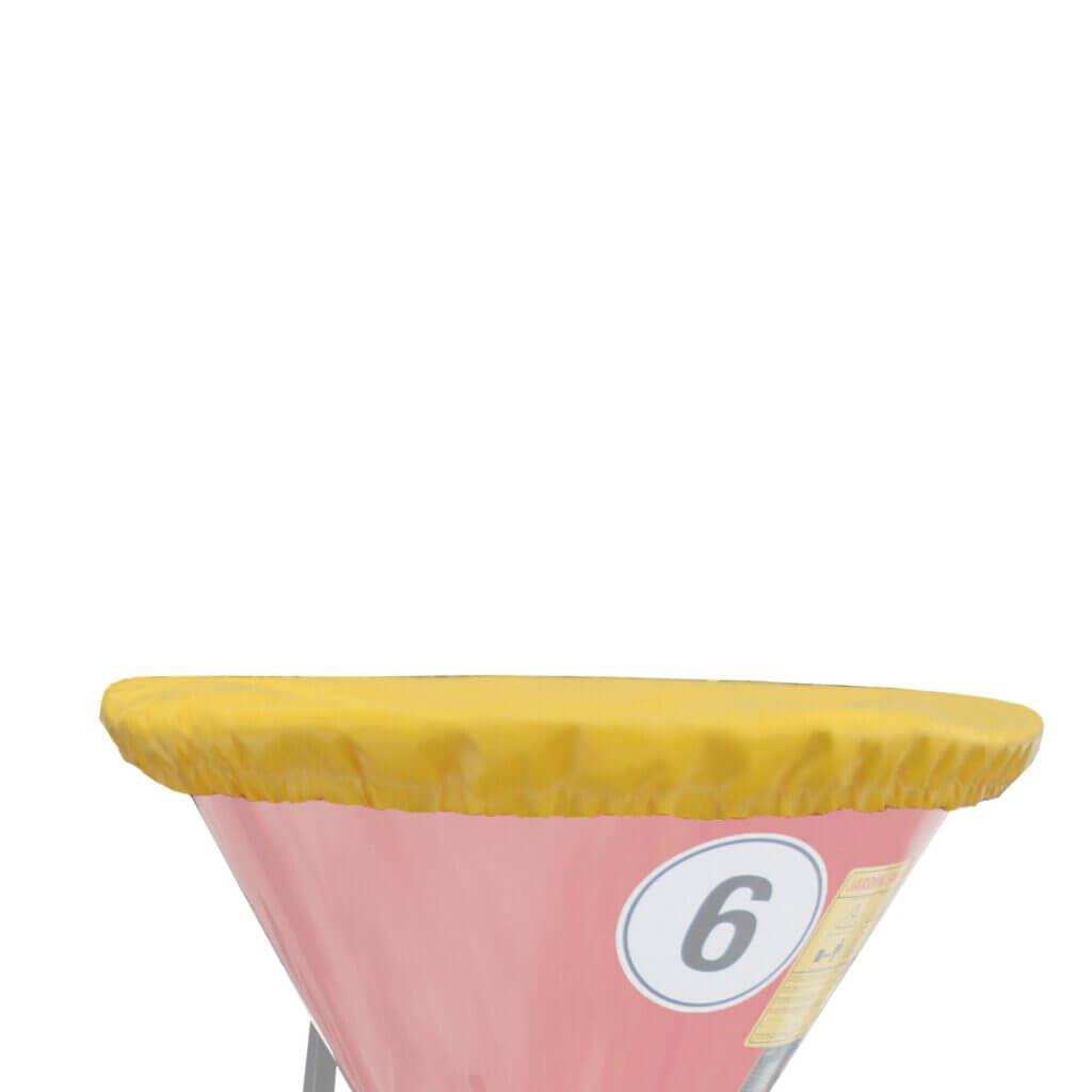 Close-up of two pastel ice cream cones with yellow wrappers stacked on top of each other against a white background.
