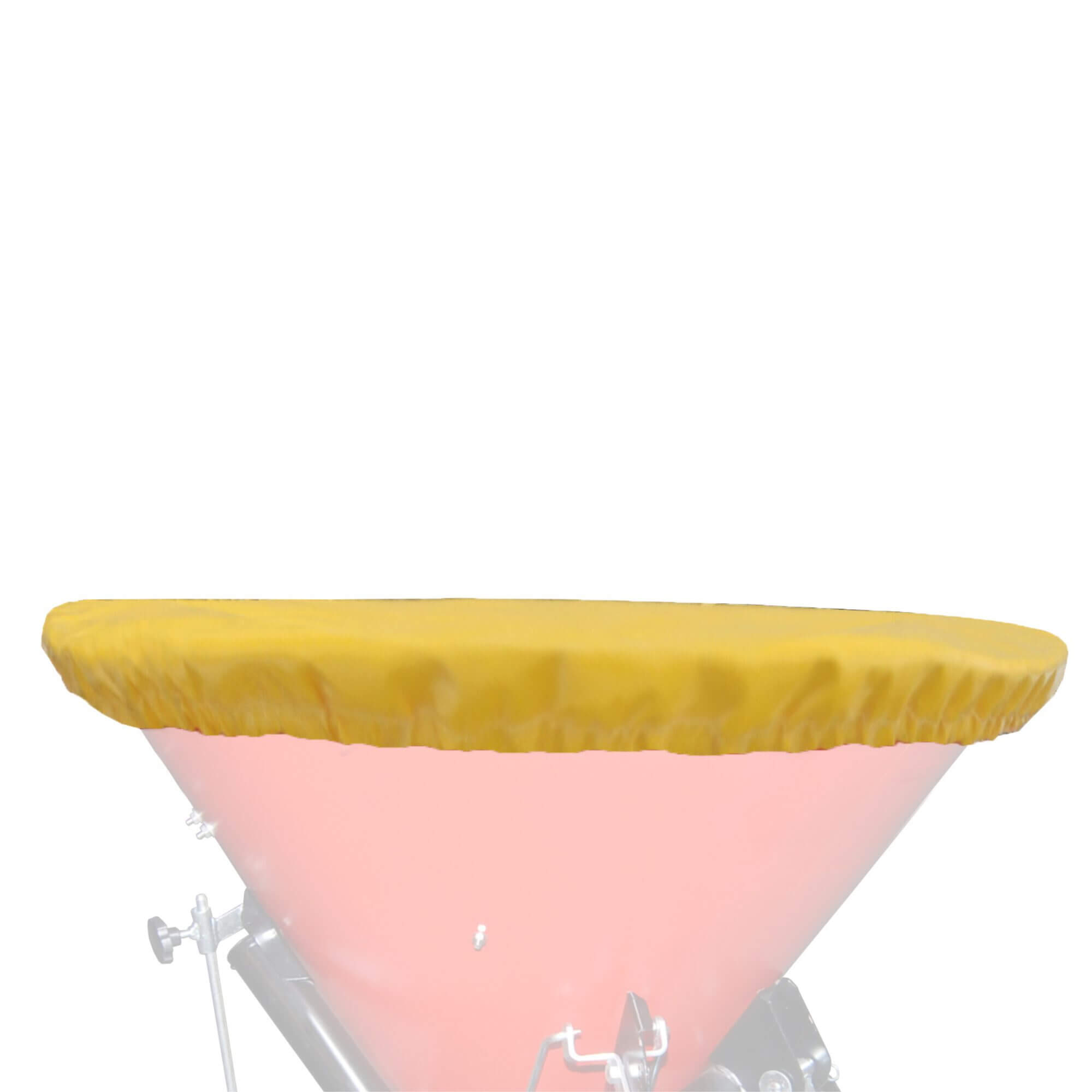 Close-up of a pink conical item with a yellow rim and metal hardware at the bottom, cropped at the edge.