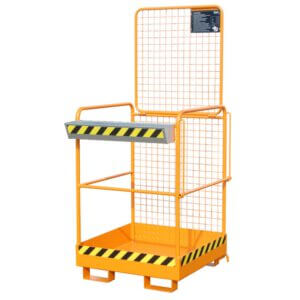 Orange industrial work platform with mesh guard rails and yellow-black hazard stripes at the base, used for elevated work