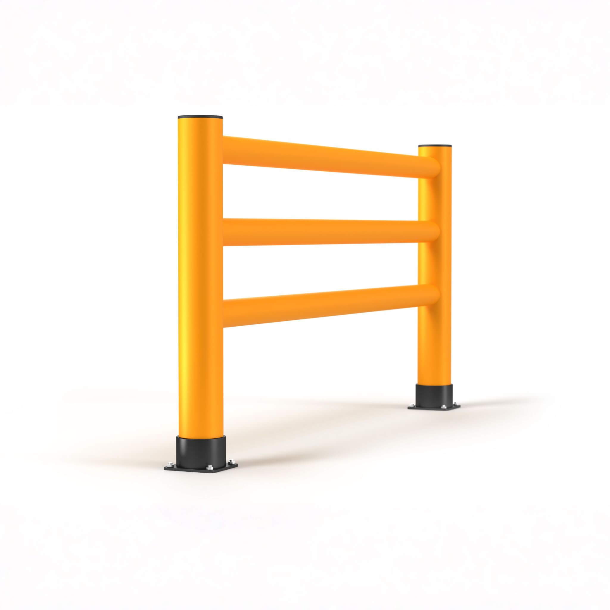 Orange metal barrier posts with three horizontal bars on a white background, likely part of a safety guard railing system.