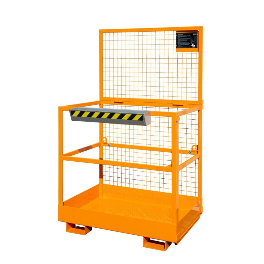Orange industrial safety barrier with metal grid panels and a black/yellow striped warning bar at the front edge, standing upright