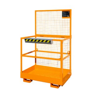 Orange industrial safety barrier with metal grid panels and a black/yellow striped warning bar at the front edge, standing upright