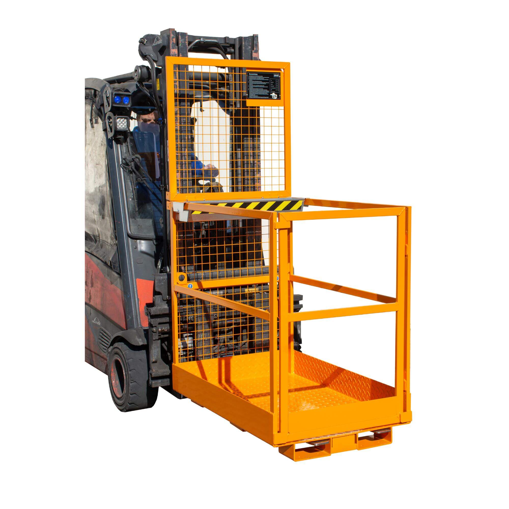 Worker seated in the cabin of a dark forklift with an bright orange safety cage and platform extending outward.