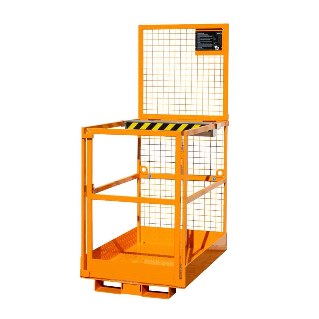 Orange mobile elevated work platform with a wire-mesh safety cage and black-and-yellow hazard stripes at the edge, intended for height work on construction sites.