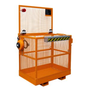 Orange metal safety cage with mesh walls and a control box, used as a lifting work platform.