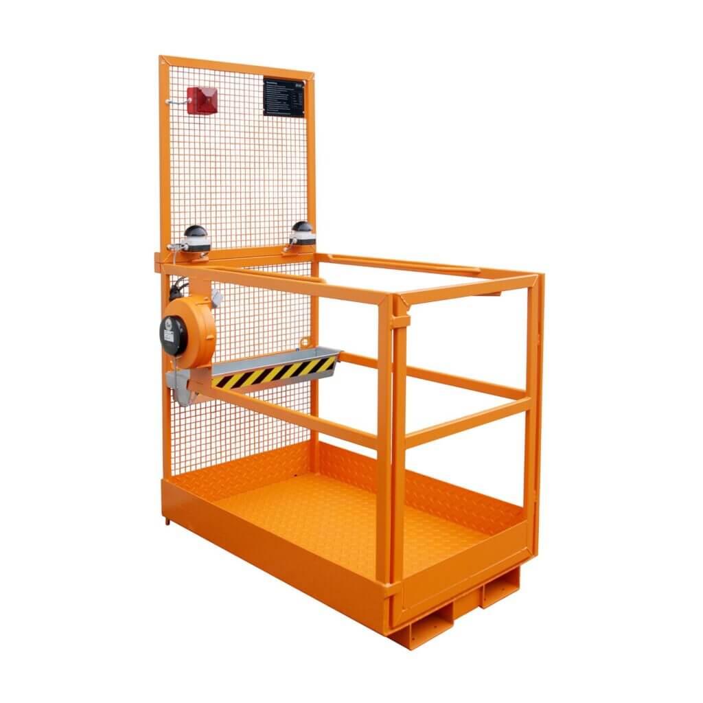 Orange rolling scaffold/work platform with mesh guard and grated platform, a control box on the guard rail, and wheels at the base
