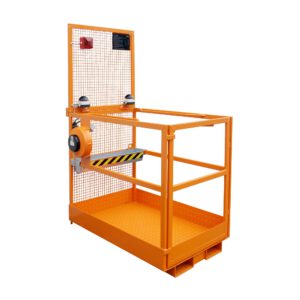 Orange rolling scaffold/work platform with mesh guard and grated platform, a control box on the guard rail, and wheels at the base