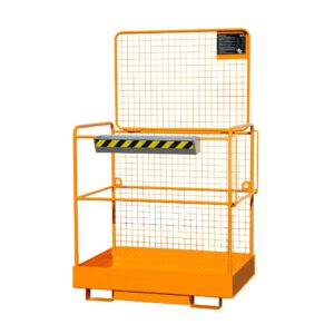 Orange construction scaffolding with grated platform and safety rails, viewed from the side.