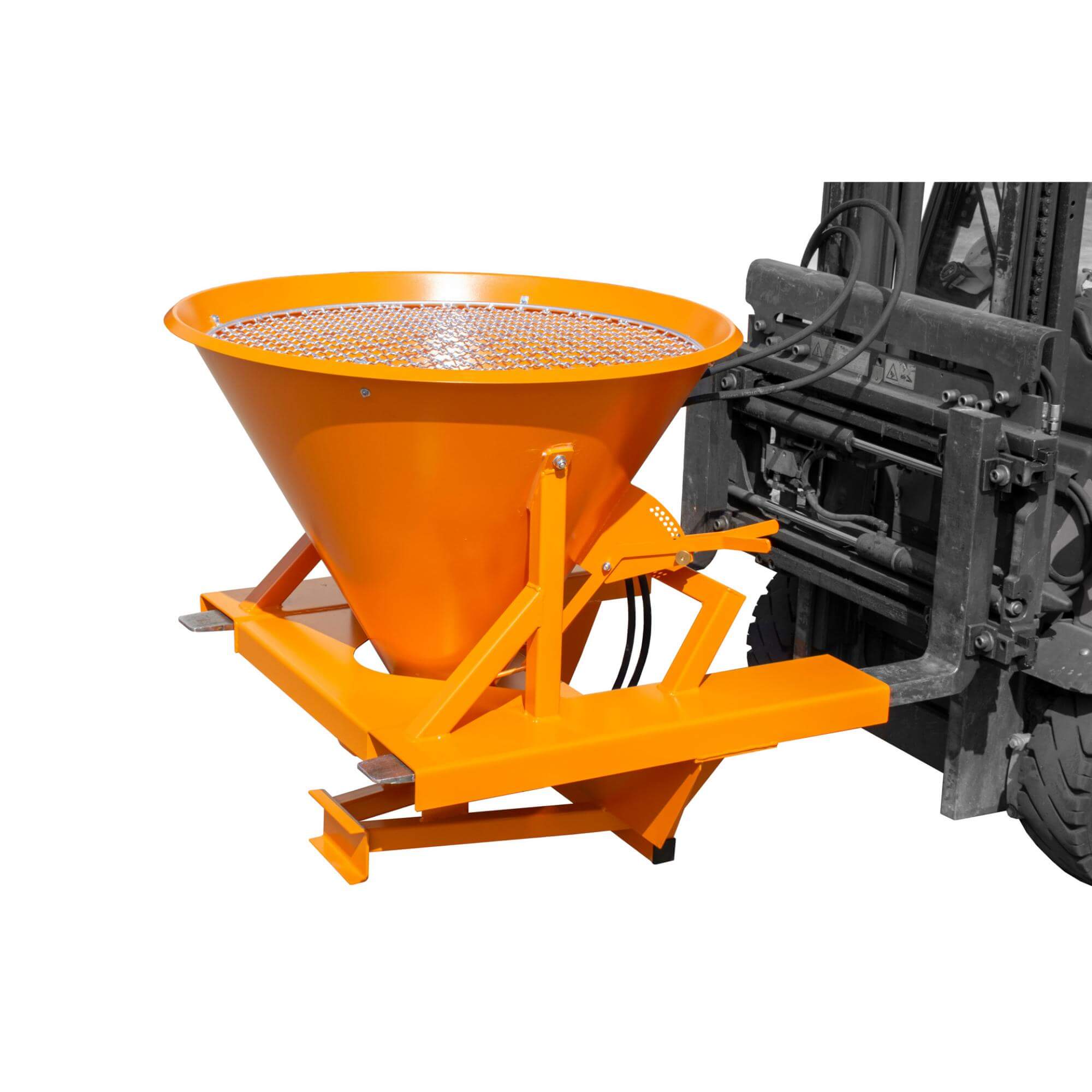Bright orange industrial hopper with a grated top attached to heavy machinery, used to feed bulk material into the equipment.