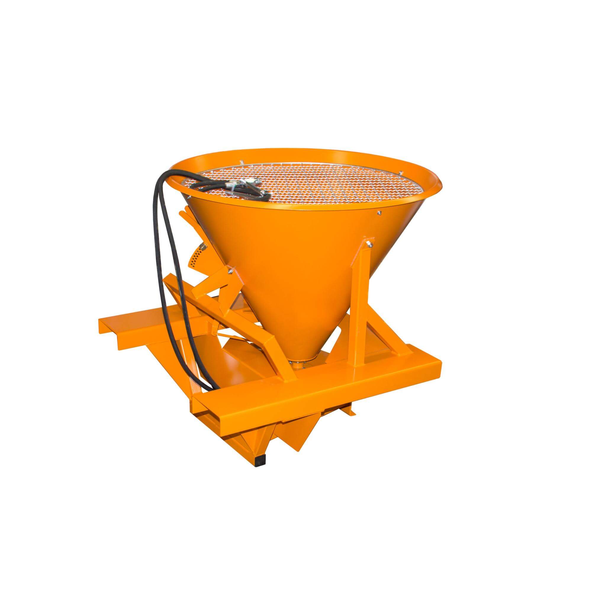 Orange industrial hopper with a perforated metal grate and black hoses attached, part of a material feeder system for construction.