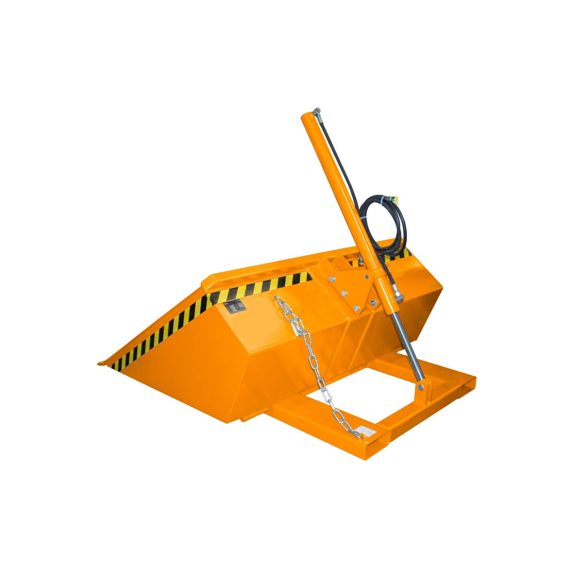 Orange industrial platform with black-yellow hazard stripes and hanging chains, viewed from a tilted angle for lifting equipment context