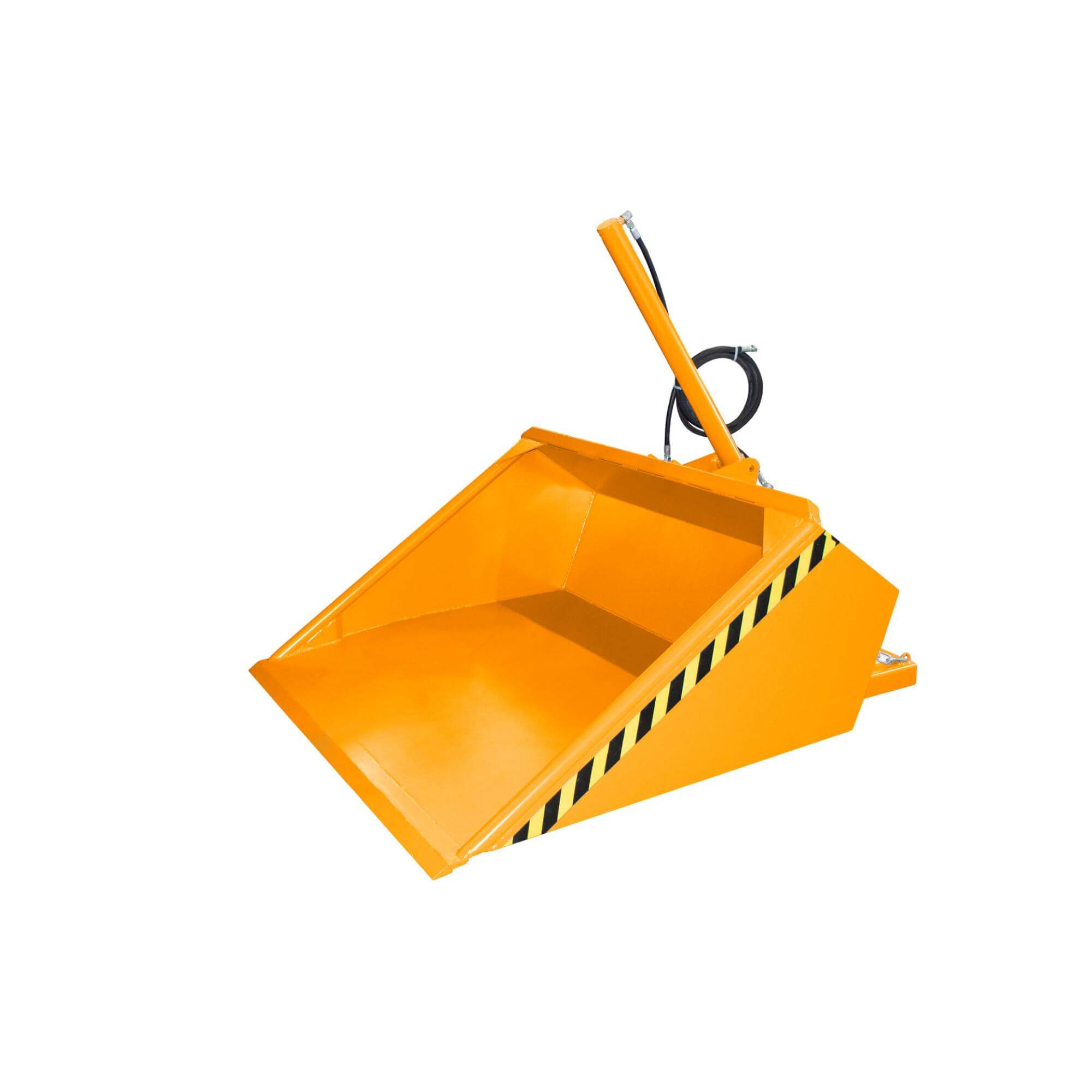 Orange industrial dumpster with a hydraulic lifting arm and black‑and‑yellow safety stripes on a white background.