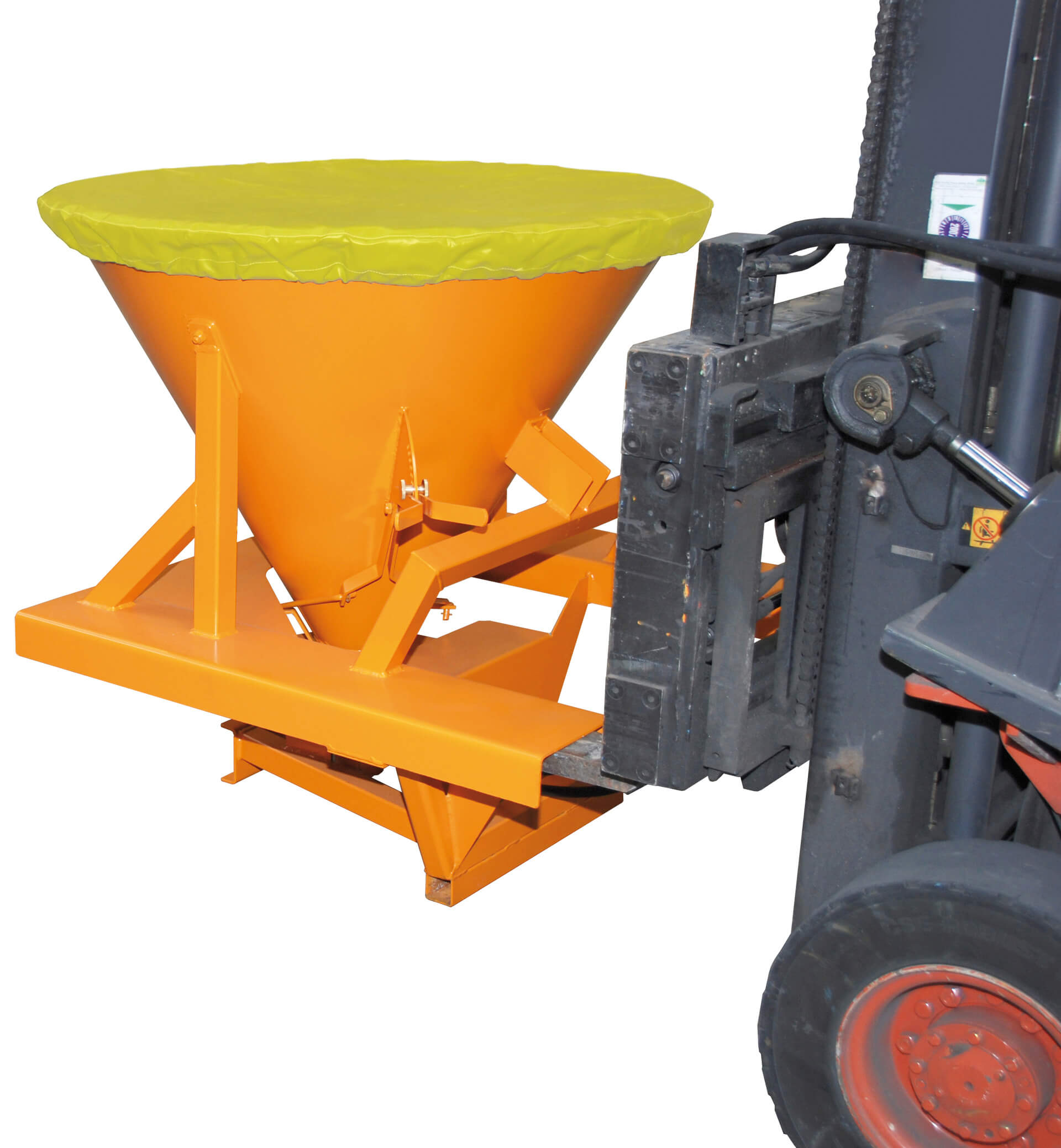 Orange industrial hopper with a bright yellow cover mounted on an orange frame beside a forklift chassis.