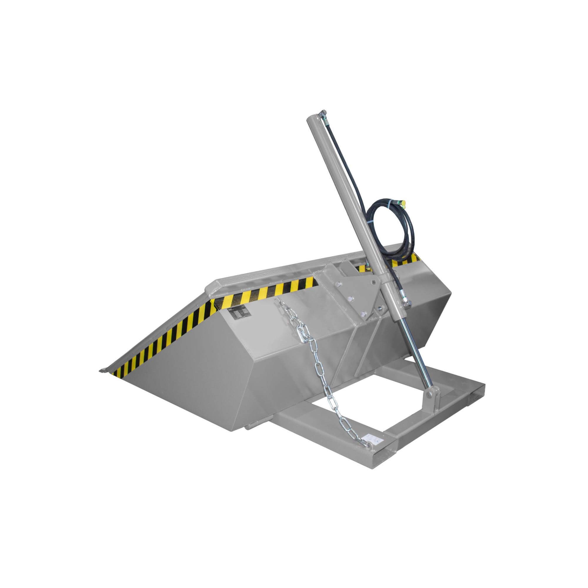 Industrial metal hopper with a hydraulic arm, hoses, and yellow-black safety stripes on the edge.
