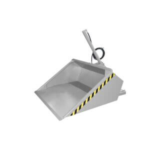 Open-top gray industrial dumpster tilted open, with black-and-yellow striped safety markings along its edge.