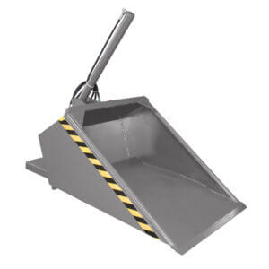Grey industrial waste container with a hydraulic lifting arm, featuring black-and-yellow safety striped edge.