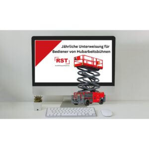Monitor shows a red-and-white training poster on an aerial work platform operator course; includes a red lift graphic on white background/screen edge visible.