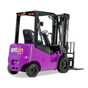 Side view of a purple Anton forklift with black mast and forks, ready to lift pallets.