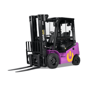 Purple forklift with black mast and long forks, cab visible on the right side of the vehicle.