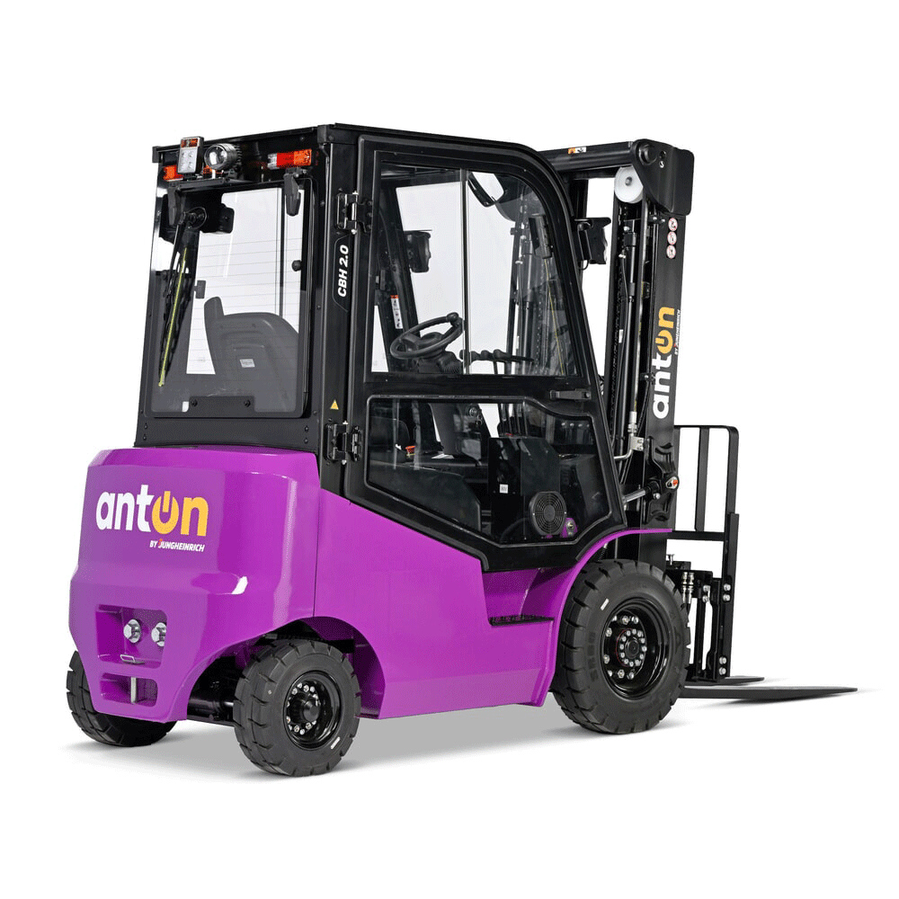 Purple Anton forklift with enclosed cabin and extended forks, facing right.