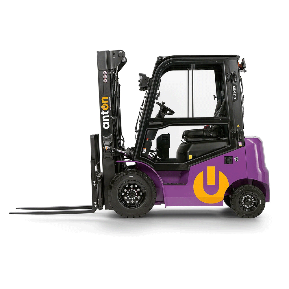 Purple forklift with a black cabin and yellow logo on the side, side view.