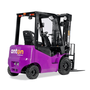 Purple Anton forklift with black overhead guard and enclosed cabin, viewed from the rear-left, forks at the front.