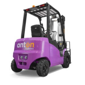 Purple forklift branded 'antun by Jungheinrich' viewed from the rear-left, showing the large tires and black overhead guard.
