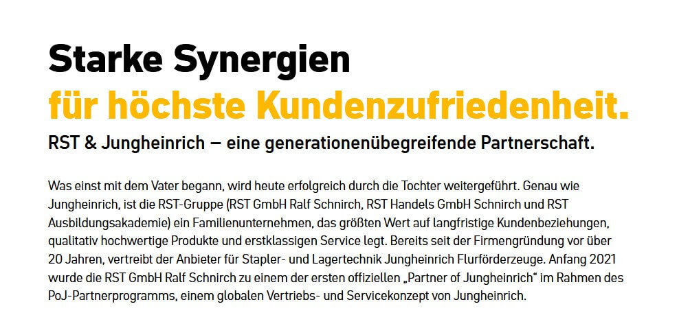 Hero headline in German: 'Starke Synergien für höchste Kundenzufriedenheit.' with subheading 'RST & Jungheinrich – eine generationenübergreifende Partnerschaft.' followed by a longer paragraph describing the family business and long-standing collaboration.