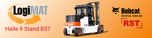 Banner LogiMAT- Messeankündigung für das Jahr 2026 RST-Gruppe mit Bobcat Material Handling Halle 9 Stand 57