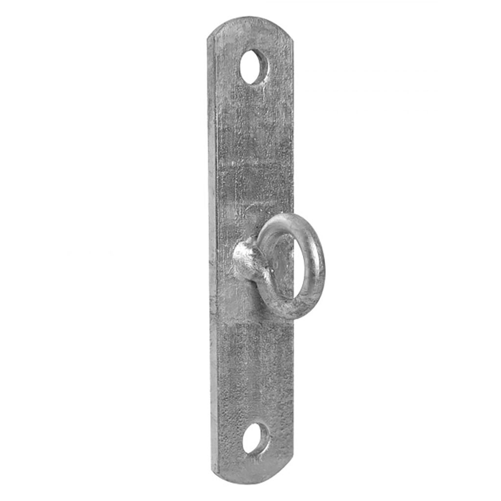Kettenöse aus Metall zur Wandbefestigung, mit rundem Ring und zwei Schraublöchern für Seile oder Ketten.