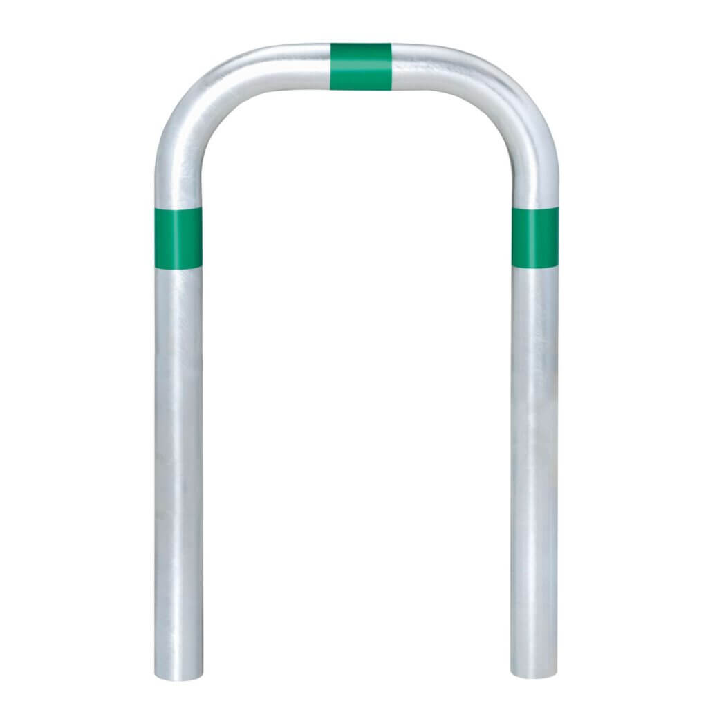 CITY-Schutzbügel GROß, Fahrradständer aus silbernem Metall, U-Form, grüne Reflektorstreifen oben und an den Beinen, weißer Hintergrund.