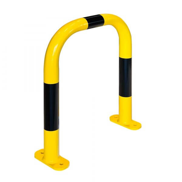 Schwarz-gelber Rammschutzbügel in U-Form mit zwei Montageplatten am Fuß, Schutzpoller für Lager und Industrie.