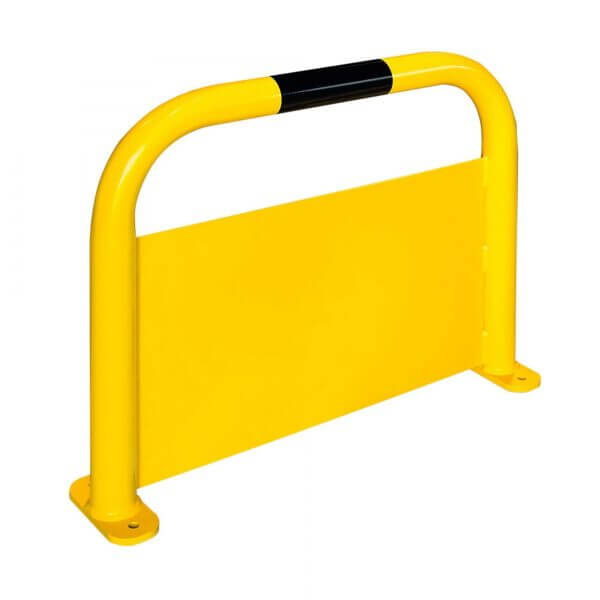 Gelber Rammschutzbügel aus Metall mit solidem Paneel, abgerundetem Top, schwarzem Streifen oben und Montageplatten am Fuß.