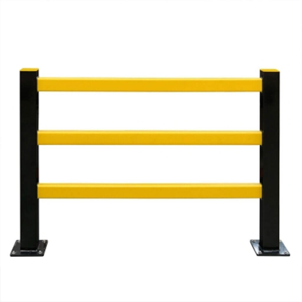BLACK BULL Schutzgitter Hybrid mit drei gelben Querstreben, zwei schwarzen Pfosten und flachen Bodenplatten aus Stahl.