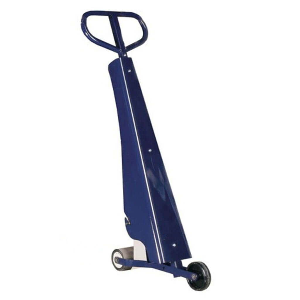 Blauer Handwagen mit zwei kleinen Rädern und breiter Rückenlehne, PROline-Band Bodenmarkiergerät mit Schneidmesser.