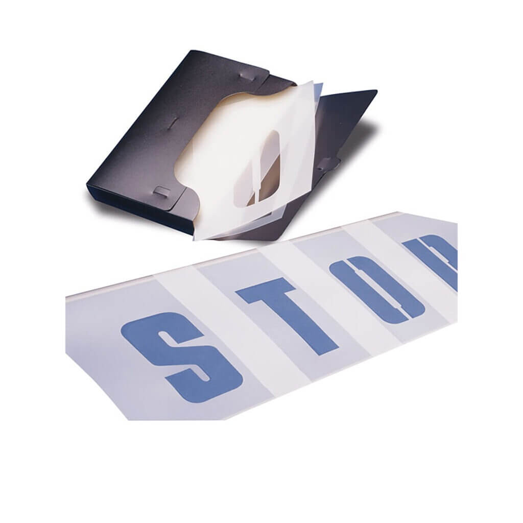 Schwarzer Ordner mit PROline-thermo Markierungsfolie, Buchstabe A; ausgestanzte Buchstaben ergeben das Wort STOP.