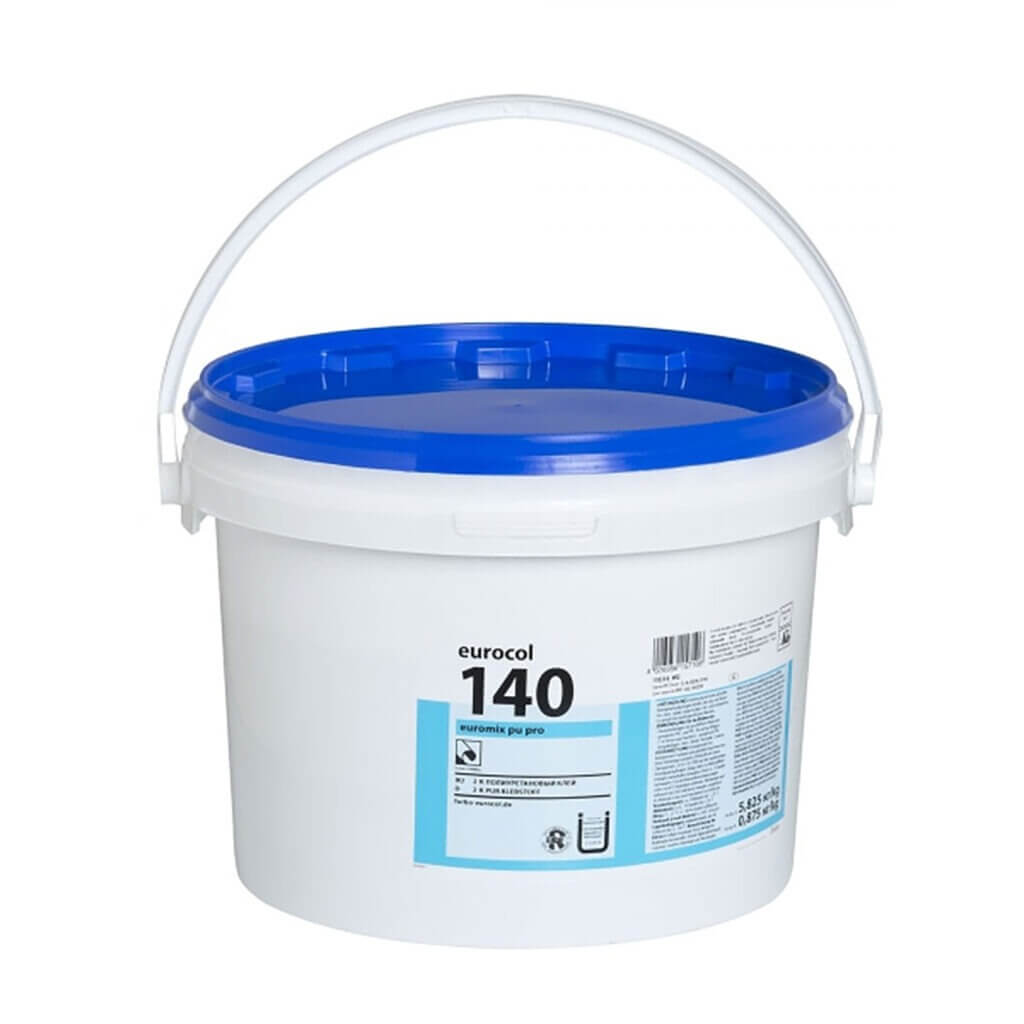 Weißer Kunststoff-Eimer mit blauem Deckel und Henkel, Aufschrift "2-Komponentenklebstoff + Härter", Produktinfos seitlich.