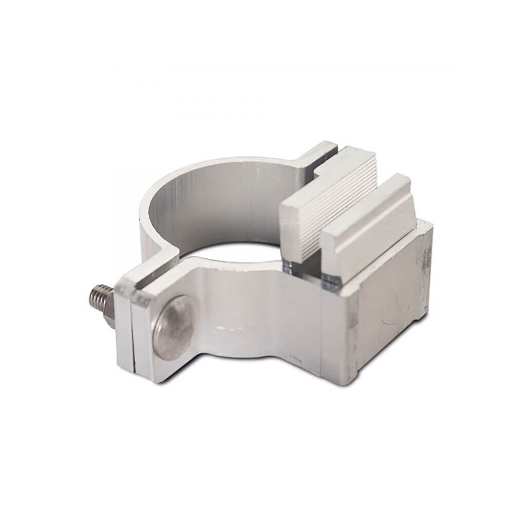 Silberne ALFORM-Rohrschelle 60 mm, runde Metallklammer mit flacher Greiffläche und Schraubbolzen zum Fixieren von Rohren.