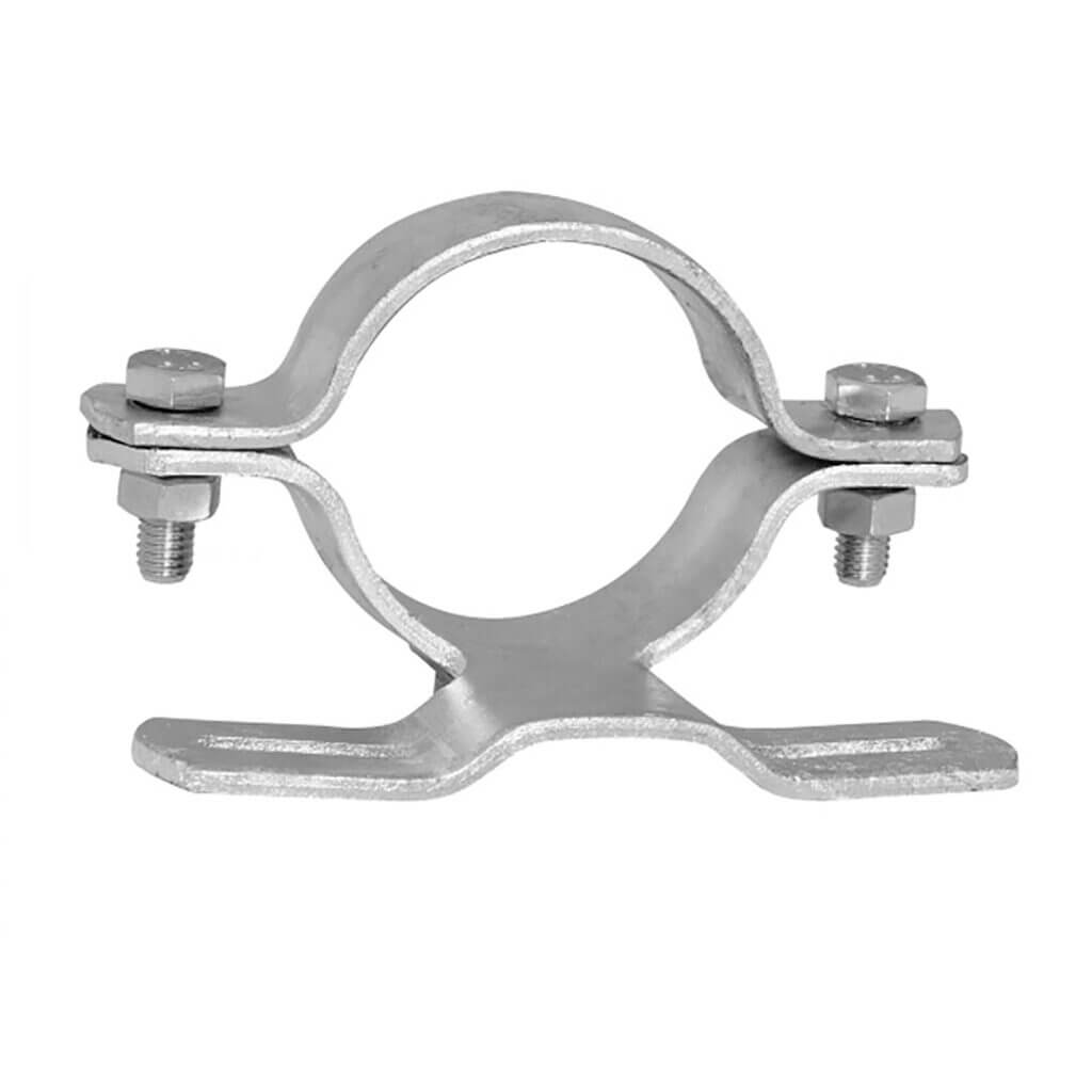 CARAMBA Rohrschelle aus Metall, Vorderansicht, mit zwei Schrauben und flachem Sockel zur Befestigung von Rohren oder Leitungen.