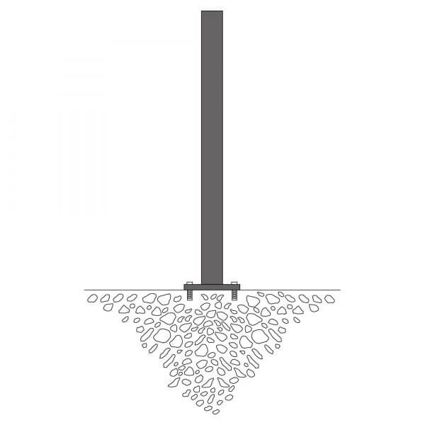 MORION Sperrpfosten 76 mm, senkrecht im Boden verankert, mit konischem Kies- oder Steinsockel für Stabilität, Diagramm.