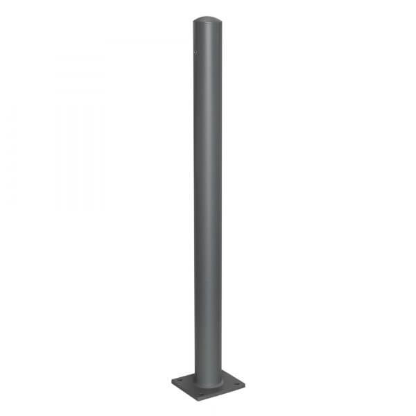 Grauer MORION Sperrpfosten 76 mm aus Metall mit rundem Kopf, quadratischer Bodenplatte und vier Schraublöchern.