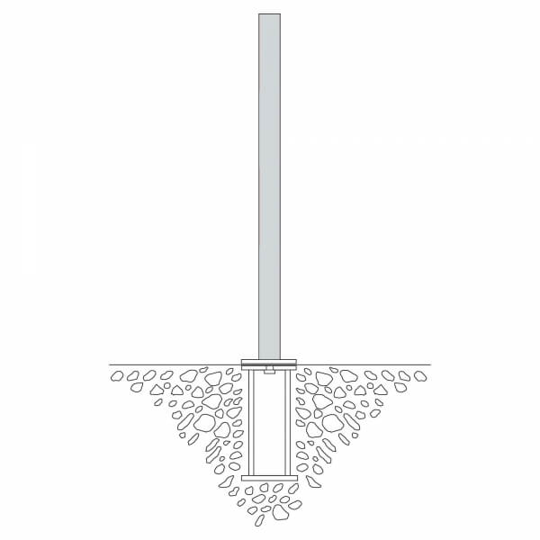 schematische Darstellung des PARAT B Sperrpfosten zum einbetonieren inklusive Bodenhülte. Darstellung der Befestigung im Boden mit Rausnehmfunktion