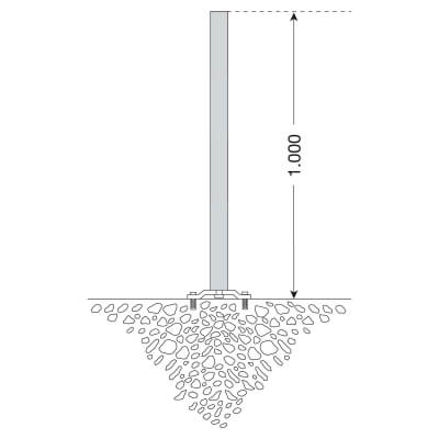 Technisches Schema eines PARAT B Sperrpfostens Ø 60 mm, der in einer Tiefe von 1.000 Einheiten verlegt wurde und dessen Basis von einer sich verjüngenden Schicht aus losen Steinen oder Kies umgeben ist.