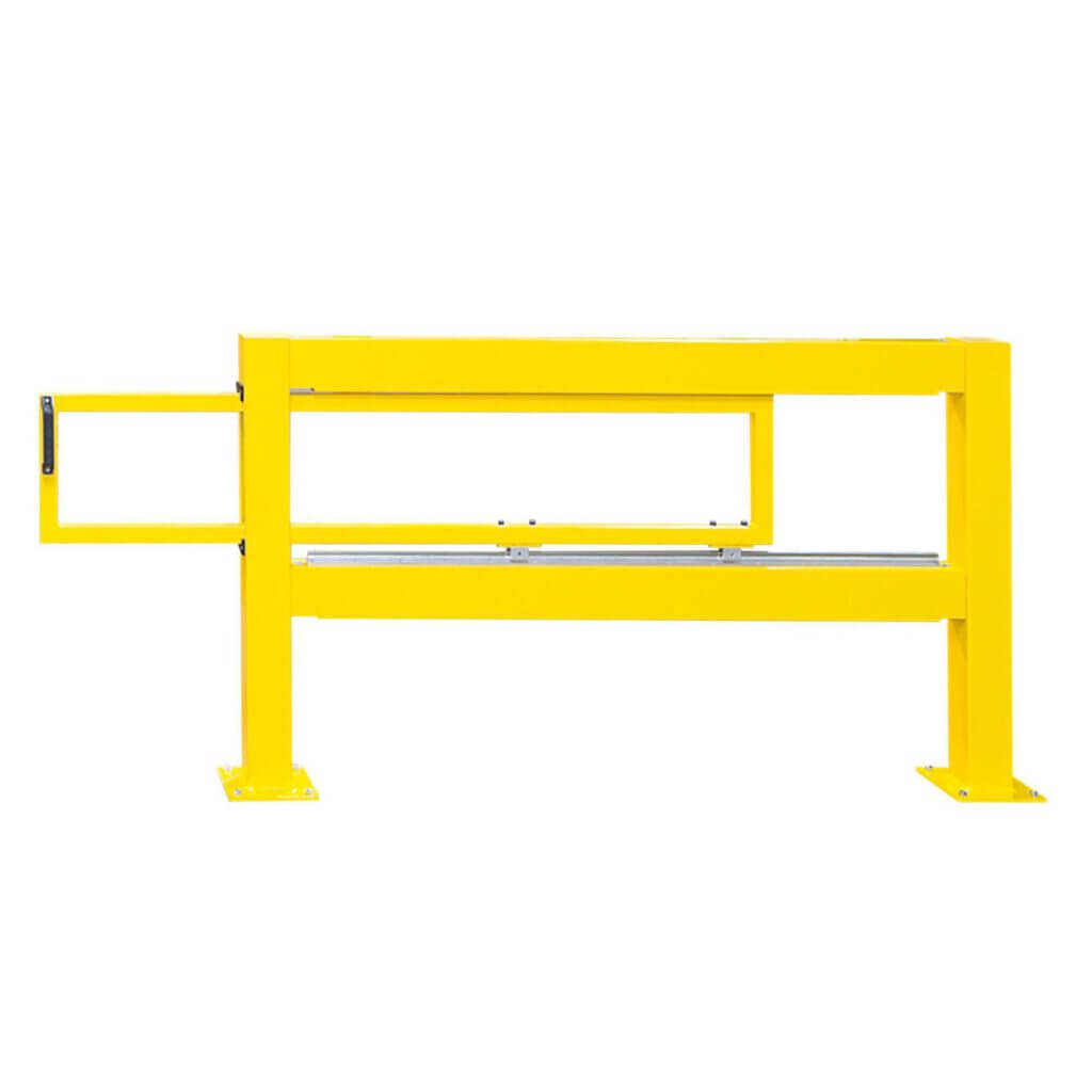 BLACK BULL Schiebetür-Set gelb, Metallschutzplanke mit horizontalem schwenkbarem Tor, auf zwei Bodenplatten, freigestellt.